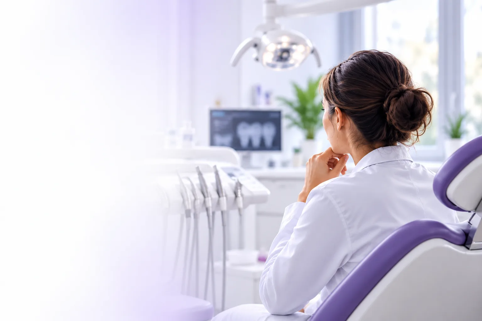 A dentist in a bright treatment room, thinking