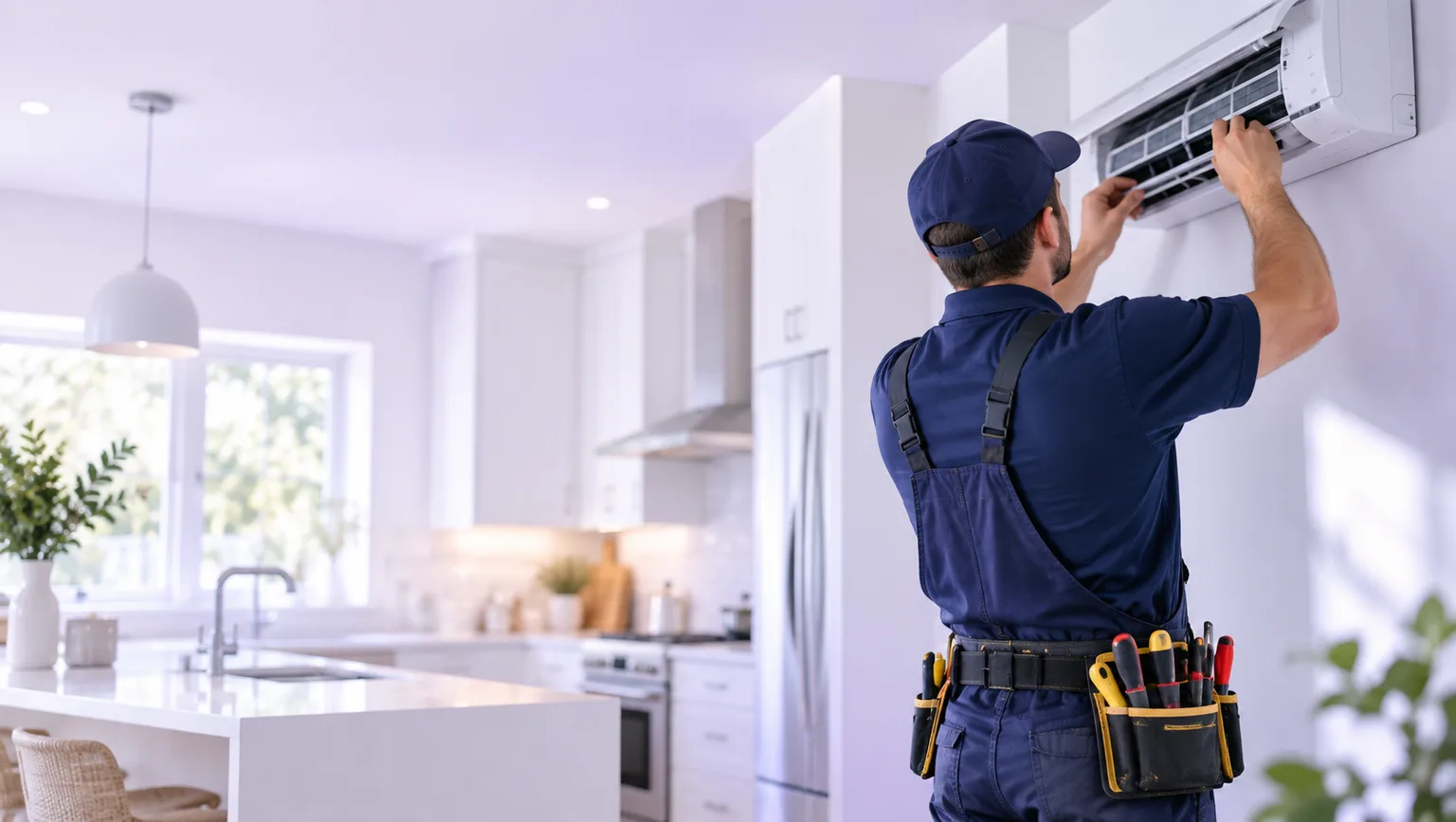 An HVAC technician fixing a wall unit in a bright kitchen